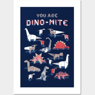 Origami dino friends // quote you're dino-mite // navy blue background red white and beige dinosaurs Posters and Art